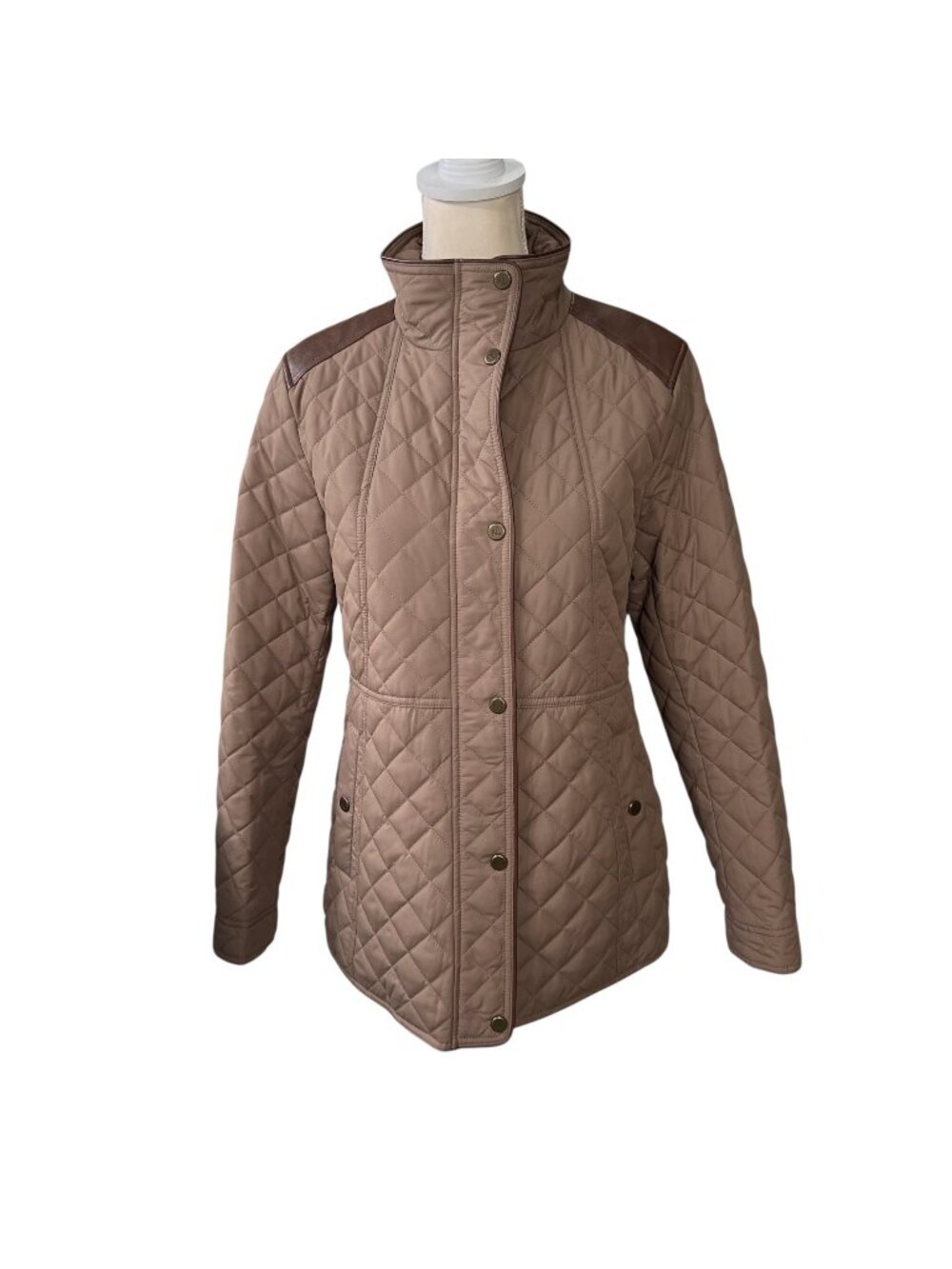 Lauren Ralph Lauren Brown Quilted Faux Leather Trim Equestrian Jacket Tan Size M